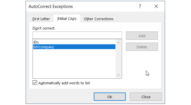 AutoCorrect Изключения Windows