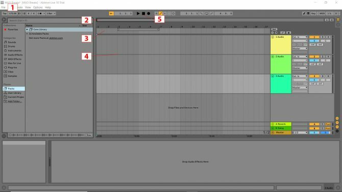 екранна снимка, показваща темпо, мащабиране, линийка за ритъм, показване на песни и контроли за възпроизвеждане