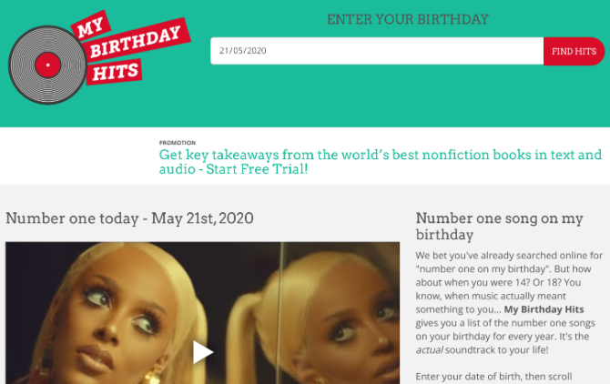 My Birthday Hits създава плейлист от песни на класацията на вашия рожден ден всяка година