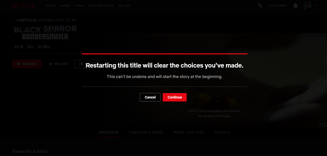Netflix Black Mirror: диалогов прозорец за рестартиране на Bandersnatch