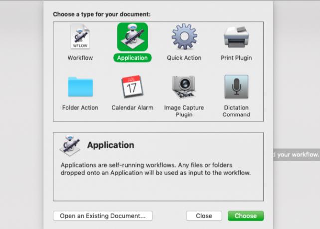 изберете Application като вид документ в инструмента за избор на шаблон на Automator на Mac