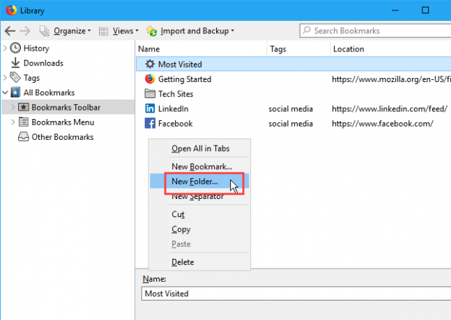 Създайте нова папка в диалоговия прозорец Библиотека в Firefox