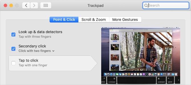 Докоснете, за да щракнете върху Опция в Trackpad System Preferences