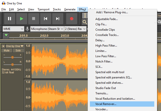 Меню за ефекти на Audacity