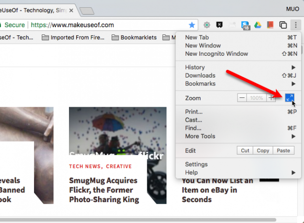 Кликнете върху бутона на цял екран в Chrome на Mac