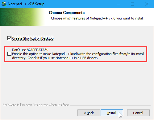 Поставете отметка Не използвайте% APPDATA% по време на инсталирането на Notepad ++