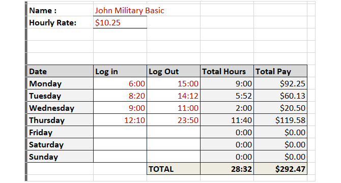 шаблон на графиката за проследяване на часове военно време без почивки