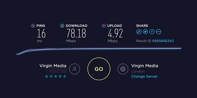 VPN неограничен: разумна цена, надежден и надежден VPN ISP Speedtest Резултат 1