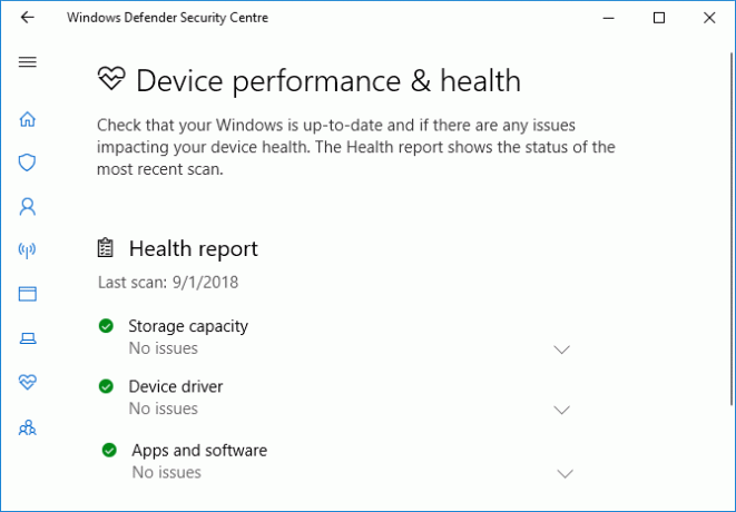 Производителност и здраве на устройството на Windows Defender