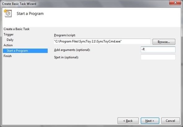 SyncToy: Обикновено решение за архивиране и синхронизиране на Microsoft [Windows] Планировчик на задачите Създаване на основна задача Действие Стартиране на програма Намиране на папка