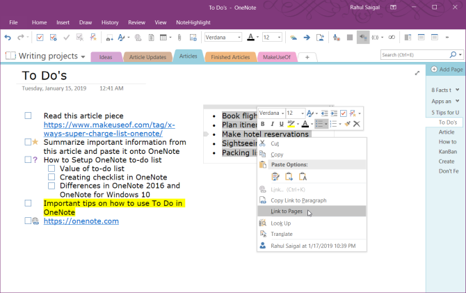 връзка към страниците в OneNote 2016