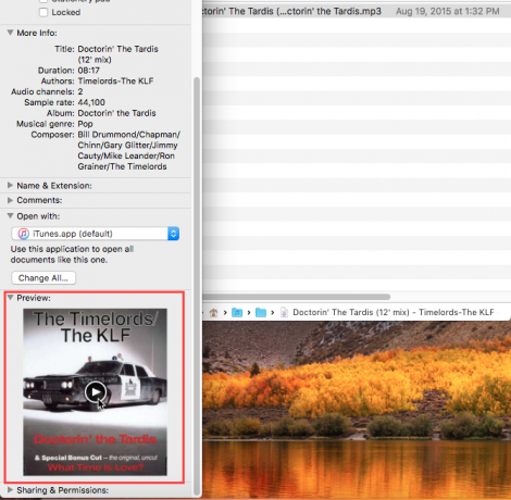 Възпроизвеждане на аудио файл чрез прозореца Получаване на информация в Finder на Mac