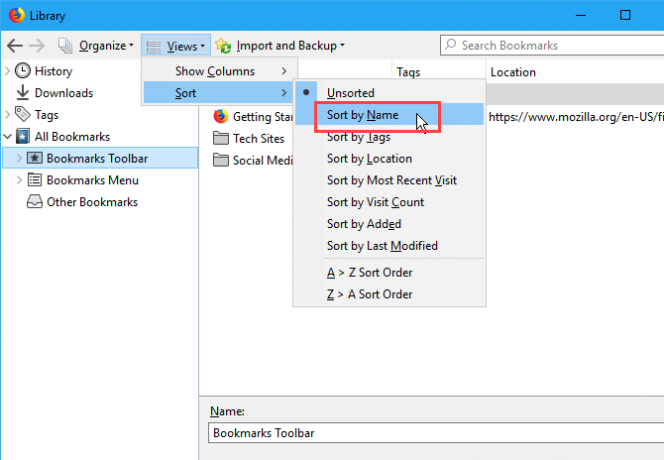 Сортирайте отметките по име в диалоговия прозорец Библиотека в Firefox