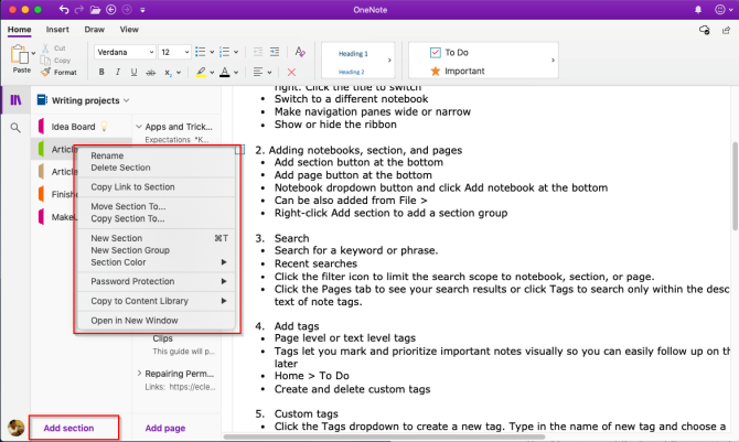 добавете раздел към OneNote Mac