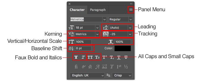 работа с текст в Photoshop - панел с символи на Photoshop