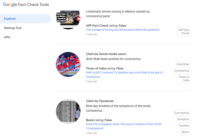 google инструменти за проверка на фактите коронавирус